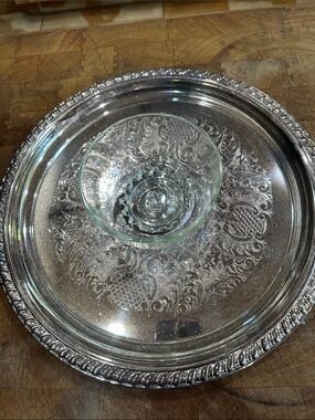 Decorative Silver-Tone Serving Tray with Glass Bowl - Silver